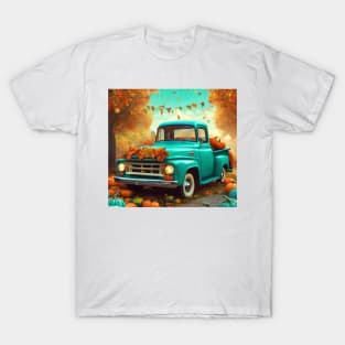 Cute Aqua Blue Vintage Little Pickup Truck Happy Fall Y'All T-Shirt